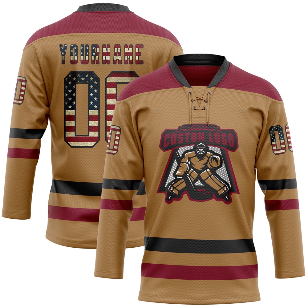 Custom Old Gold Vintage USA Flag Black Crimson Hockey Lace Neck Jersey, New Hockey Jersey, Personali Sport Team Jersey Shirt