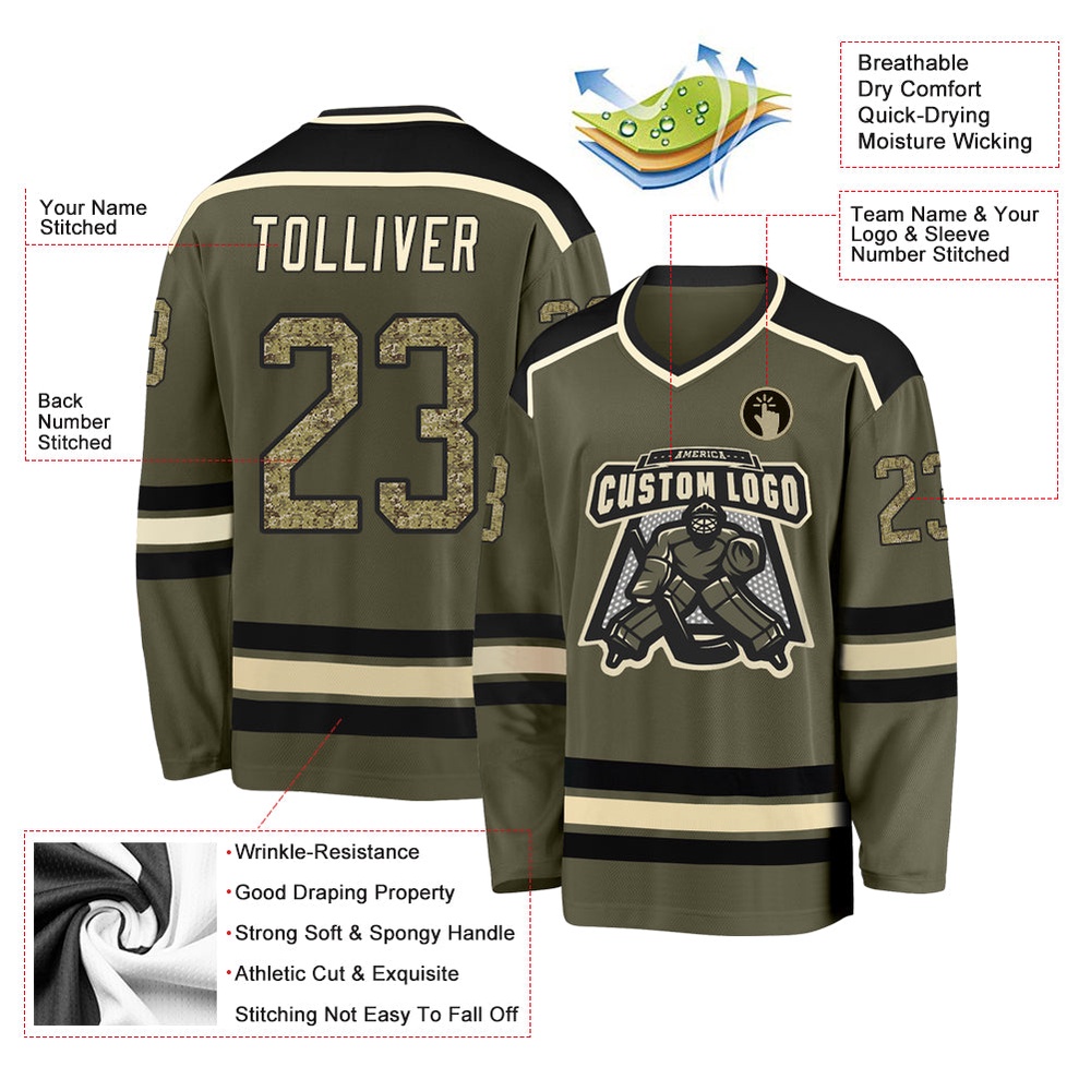 Custom Olive Camo Black Cream Salute To Service Hockey Jersey, New Hockey Jersey, Personali Sport Team Jersey Shirt