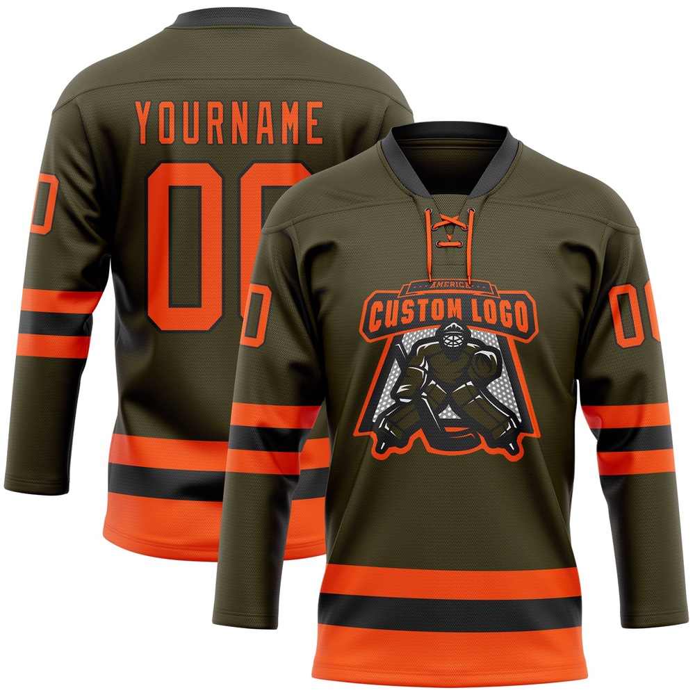 Custom Olive Orange Black Salute To Service Hockey Lace Neck Jersey, New Hockey Jersey, Personali Sport Team Jersey Shirt Custom Olive Orange Black Salute To Service Hockey Lace Neck Jersey, New Hockey Jersey, Personali Sport Team Jersey Shirt