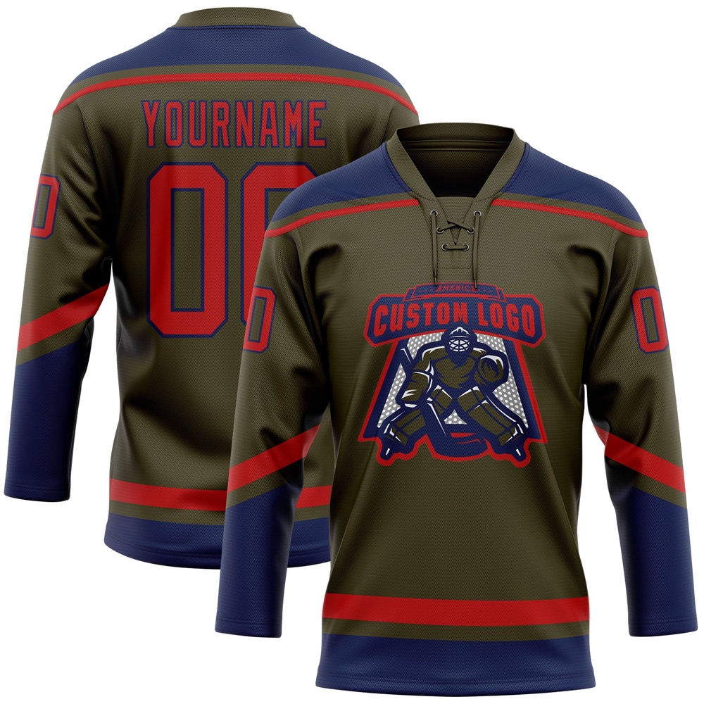 Custom Olive Red Navy Salute To Service Hockey Lace Neck Jersey, New Hockey Jersey, Personali Sport Team Jersey Shirt