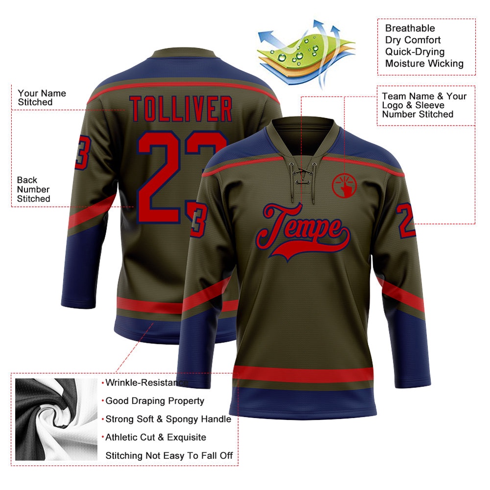 Custom Olive Red Navy Salute To Service Hockey Lace Neck Jersey, New Hockey Jersey, Personali Sport Team Jersey Shirt