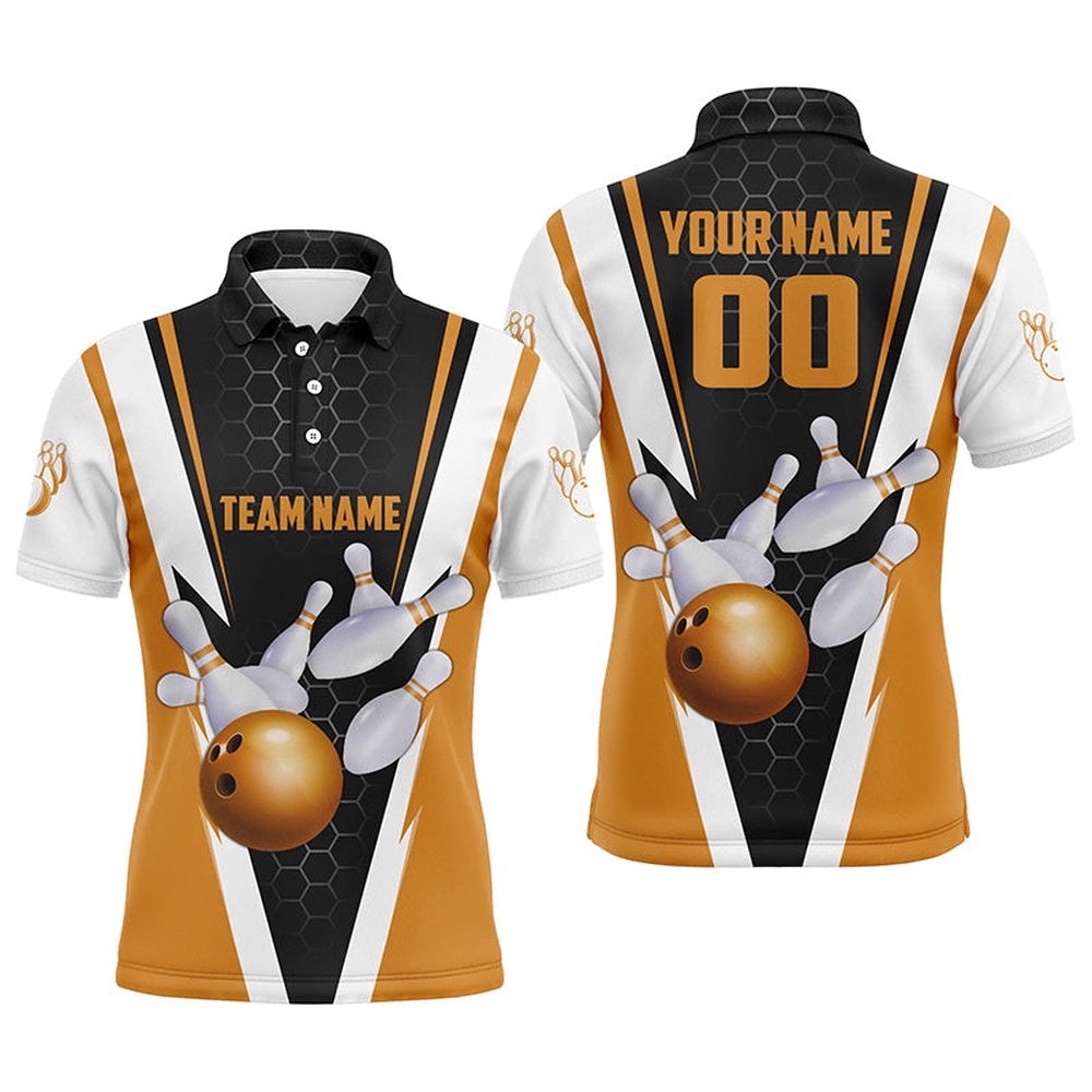 Custom Orange Strike Bowling Polo Shirts For Men, Bowling Team Polo Shirt With Name And Number, Personalized Bowling Team Shirt Custom Orange Strike Bowling Polo Shirts For Men, Bowling Team Polo Shirt With Name And Number, Personalized Bowling Team Shirt