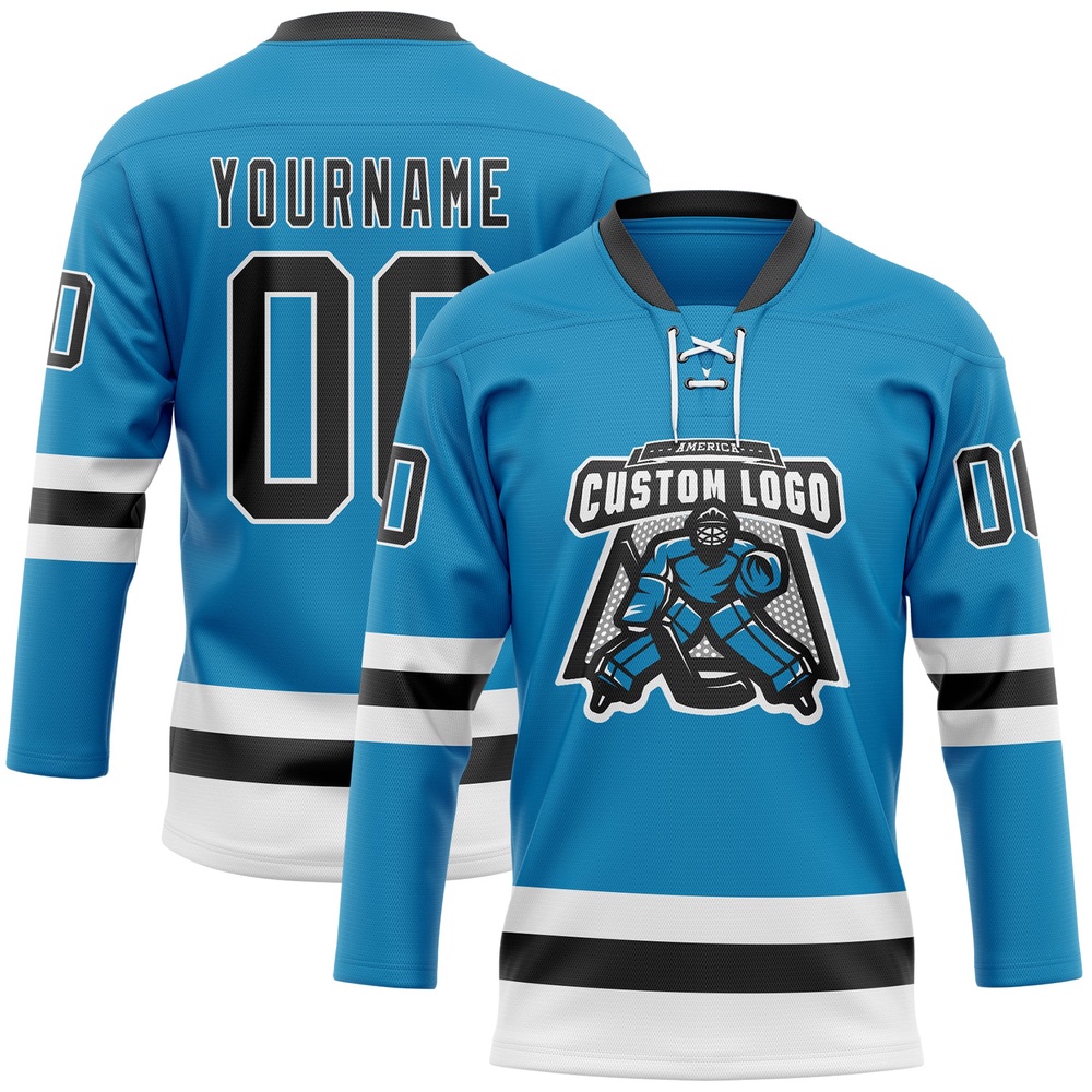 Custom Panther Blue Black White Hockey Lace Neck Jersey, New Hockey Jersey, Personali Sport Team Jersey Shirt