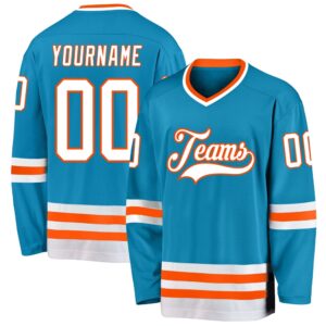 Custom Panther Blue White Orange Hockey Jersey,…