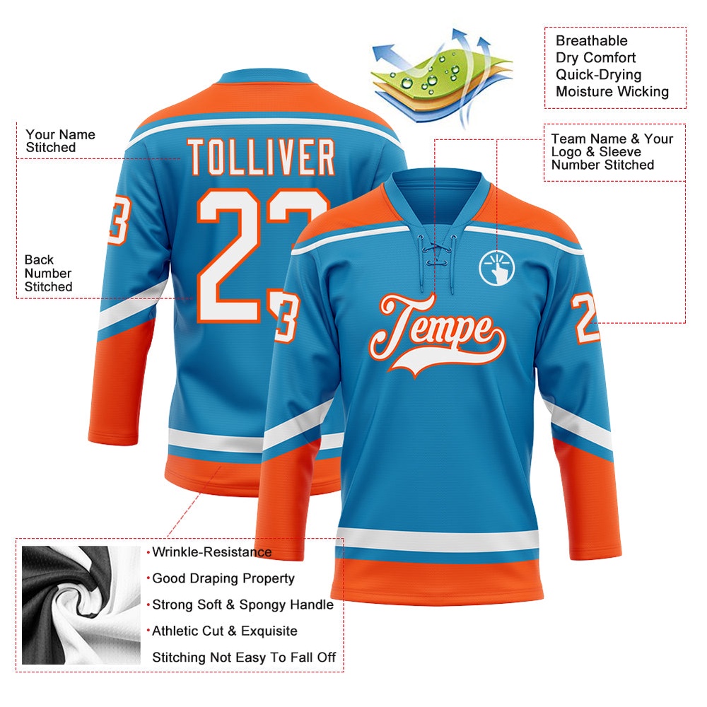 Custom Panther Blue White Orange Hockey Lace Neck Jersey, New Hockey Jersey, Personali Sport Team Jersey Shirt
