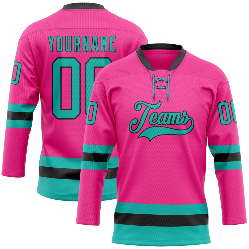 Custom Pink Aqua Black Hockey Lace Neck Jersey, New Hockey Jersey, Personali Sport Team Jersey Shirt