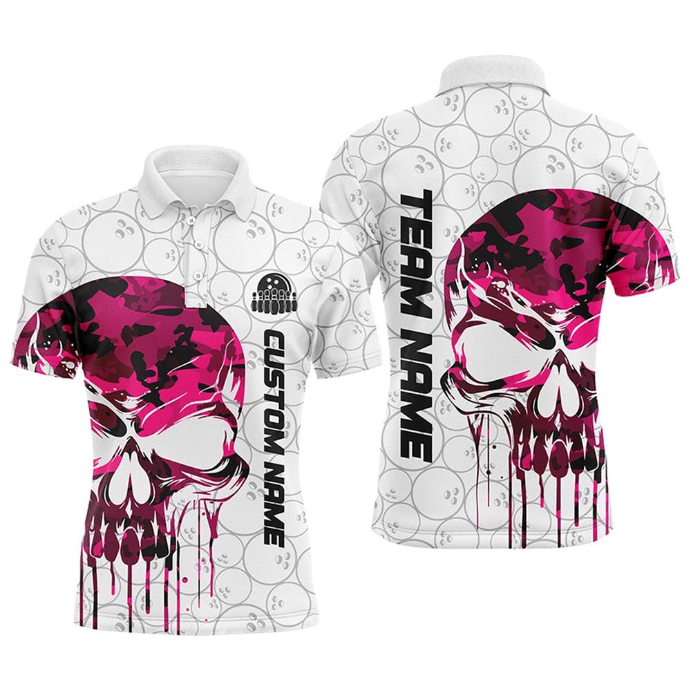 Custom Pink Camo Skull Bowling Polo Shirts Men Team Bowling Polo Shirt Bowling League Outfit, Personalized Bowling Team Shirt Custom Pink Camo Skull Bowling Polo Shirts Men Team Bowling Polo Shirt Bowling League Outfit, Personalized Bowling Team Shirt