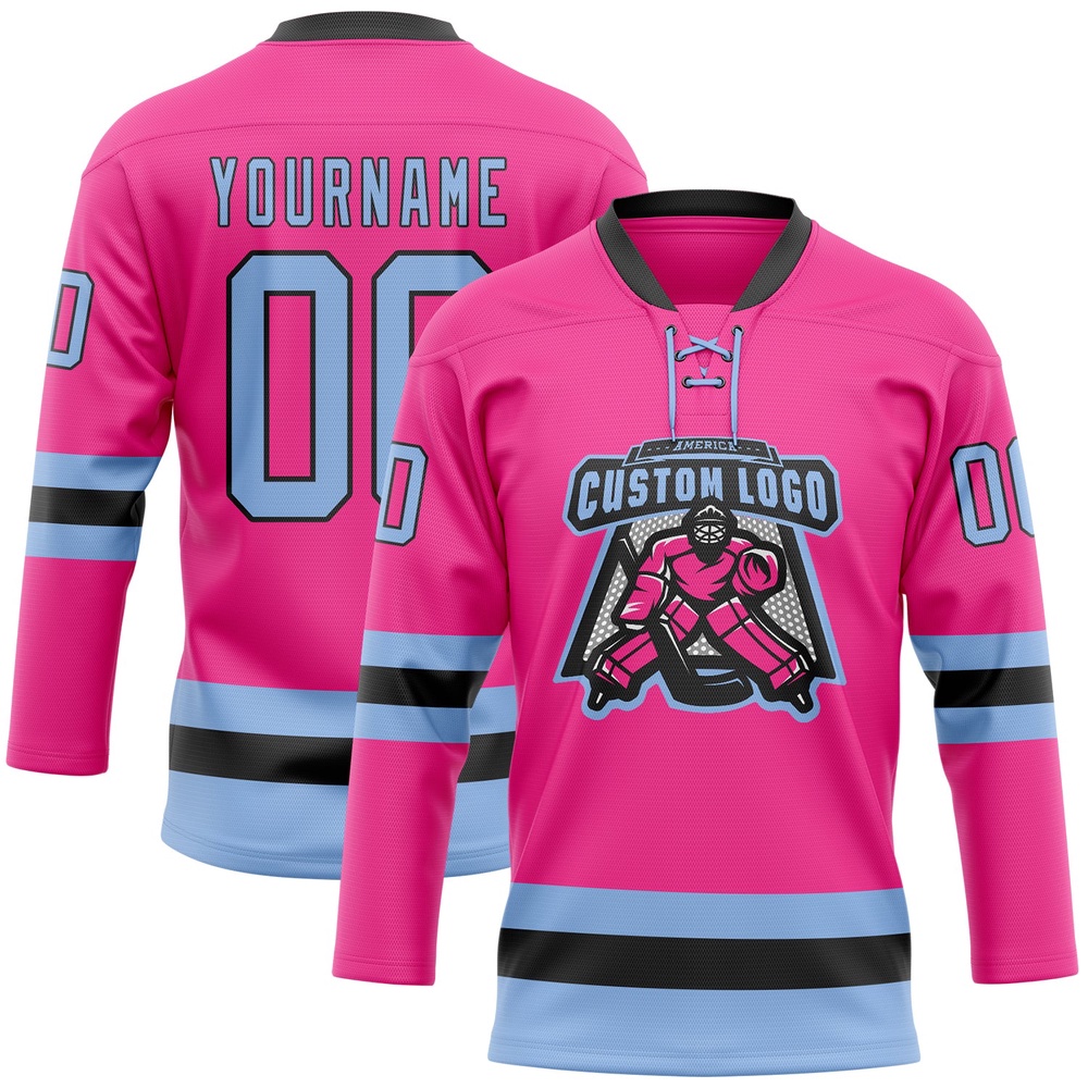 Custom Pink Light Blue Black Hockey Lace Neck Jersey, New Hockey Jersey, Personali Sport Team Jersey Shirt