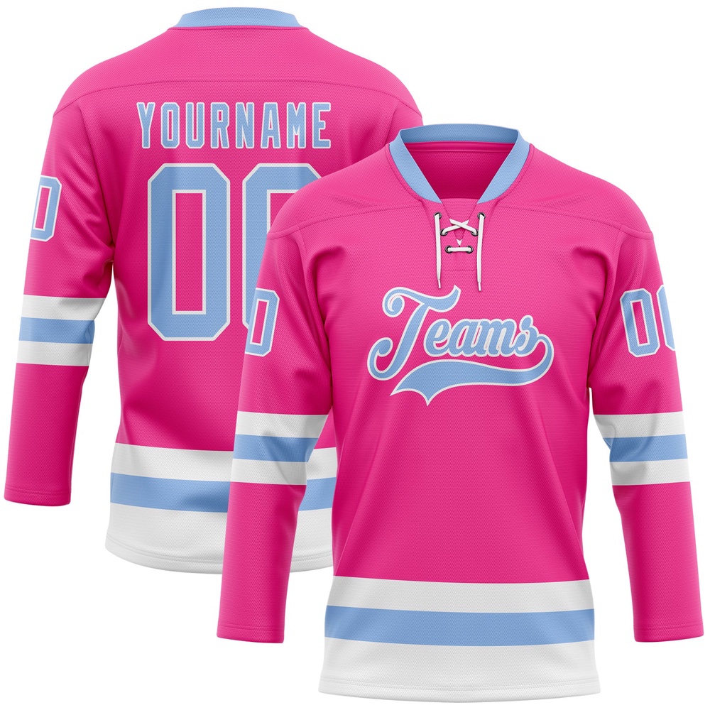 Custom Pink Light Blue White Hockey Lace Neck Jersey, New Hockey Jersey, Personali Sport Team Jersey Shirt