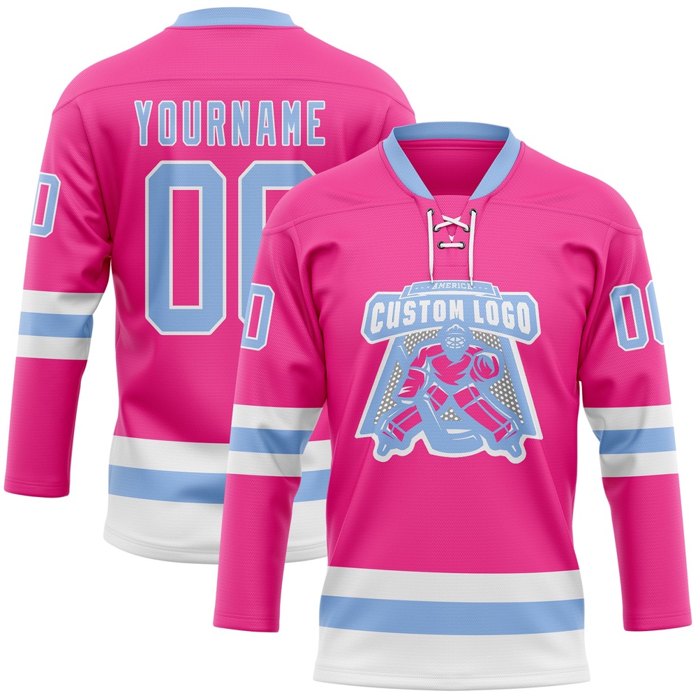 Custom Pink Light Blue White Hockey Lace Neck Jersey, New Hockey Jersey, Personali Sport Team Jersey Shirt
