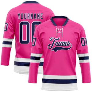 Custom Pink Navy White Hockey Lace Neck…