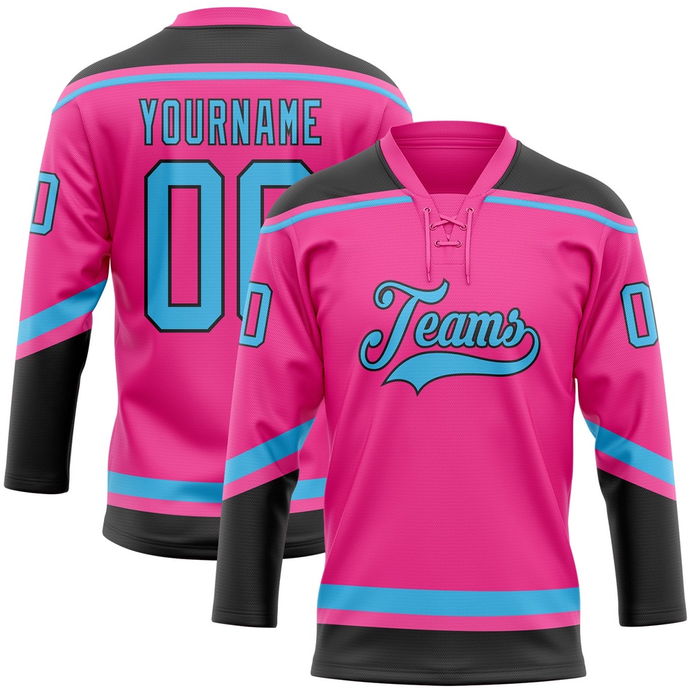 Custom Pink Sky Blue Black Hockey Lace Neck Jersey, New Hockey Jersey, Personali Sport Team Jersey Shirt