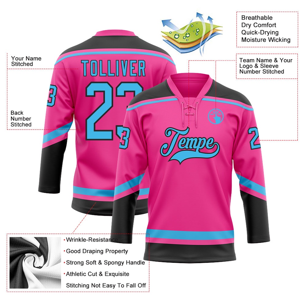 Custom Pink Sky Blue Black Hockey Lace Neck Jersey, New Hockey Jersey, Personali Sport Team Jersey Shirt