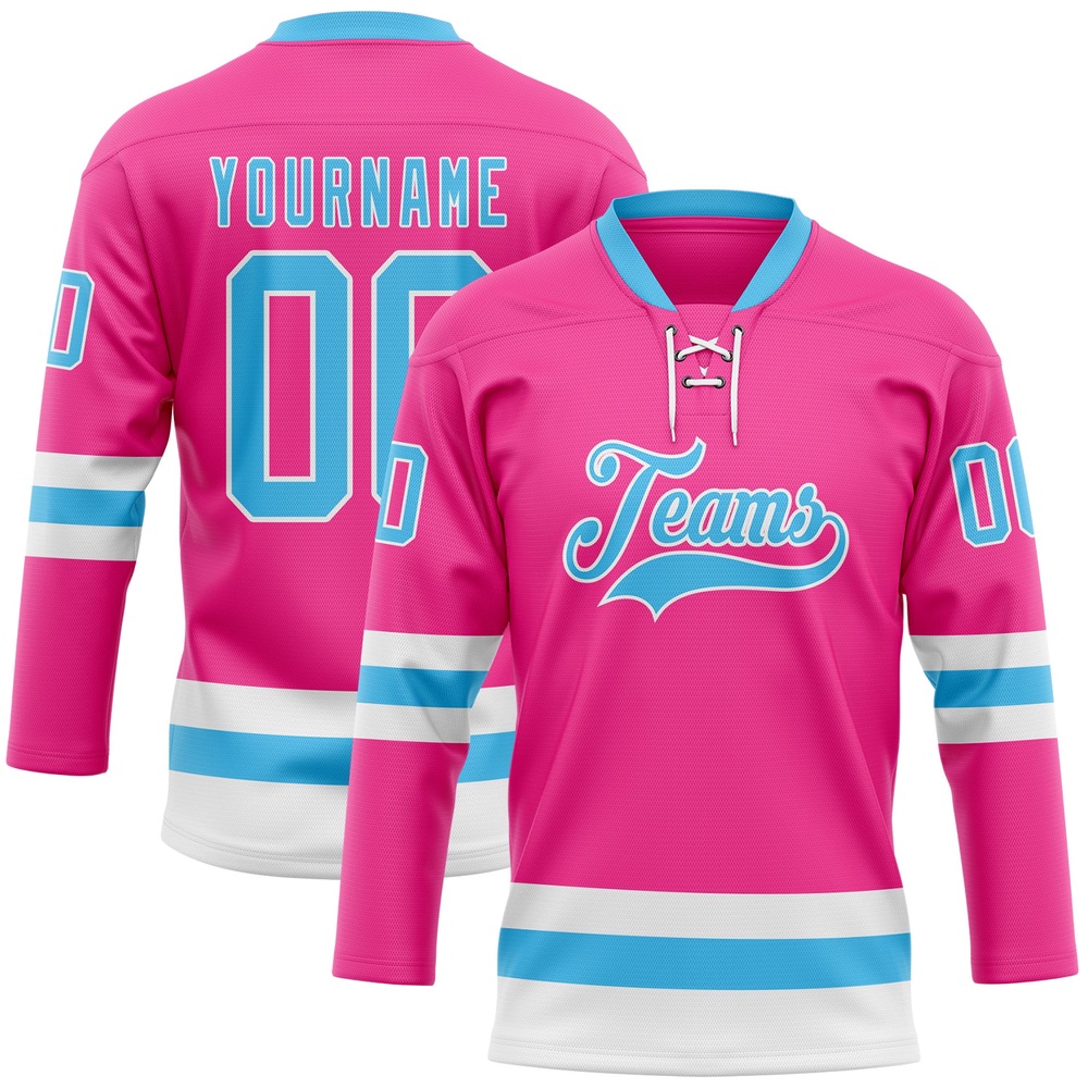 Custom Pink Sky Blue White Hockey Lace Neck Jersey, New Hockey Jersey, Personali Sport Team Jersey Shirt