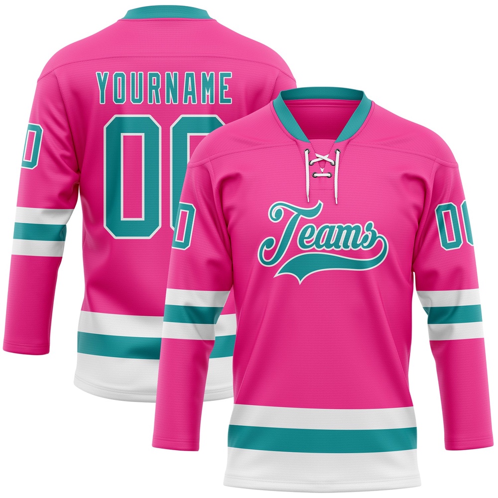 Custom Pink Teal White Hockey Lace Neck Jersey, New Hockey Jersey, Personali Sport Team Jersey Shirt