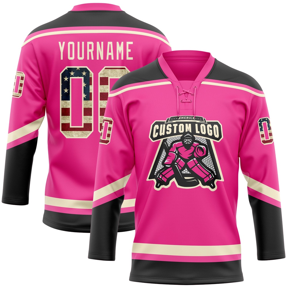 Custom Pink Vintage USA Flag Black Cream Hockey Lace Neck Jersey, New Hockey Jersey, Personali Sport Team Jersey Shirt