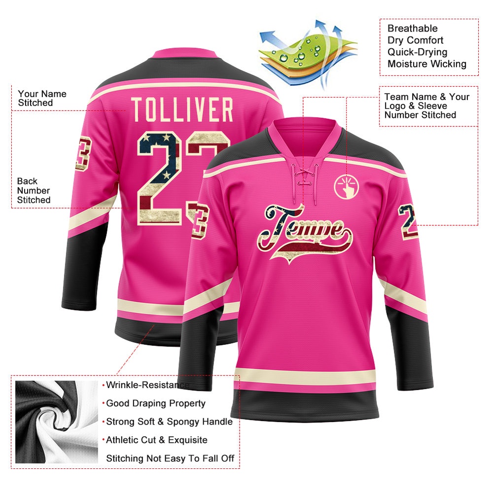 Custom Pink Vintage USA Flag Black Cream Hockey Lace Neck Jersey, New Hockey Jersey, Personali Sport Team Jersey Shirt