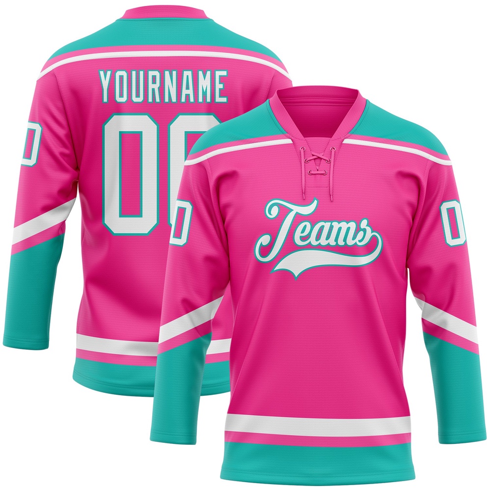 Custom Pink White Aqua Hockey Lace Neck Jersey, New Hockey Jersey, Personali Sport Team Jersey Shirt