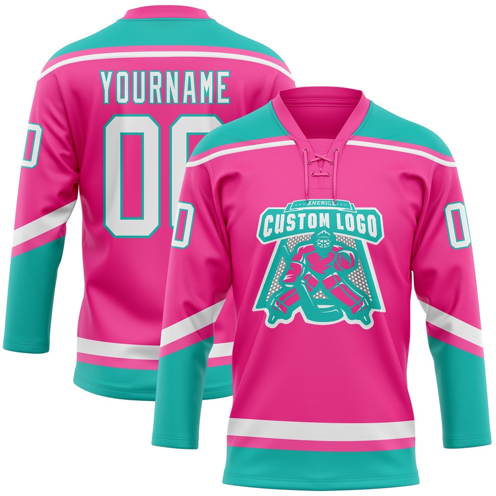Custom Pink White Aqua Hockey Lace Neck Jersey, New Hockey Jersey, Personali Sport Team Jersey Shirt