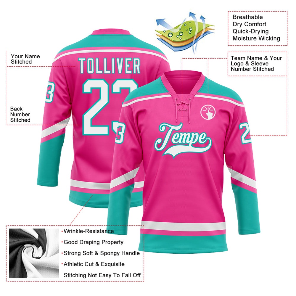 Custom Pink White Aqua Hockey Lace Neck Jersey, New Hockey Jersey, Personali Sport Team Jersey Shirt