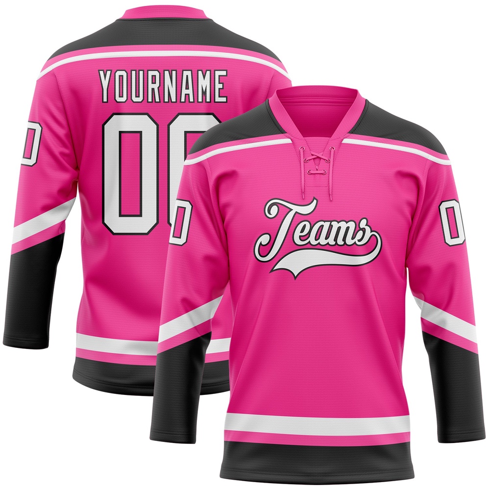 Custom Pink White Black Hockey Lace Neck Jersey, New Hockey Jersey, Personali Sport Team Jersey Shirt Custom Pink White Black Hockey Lace Neck Jersey, New Hockey Jersey, Personali Sport Team Jersey Shirt