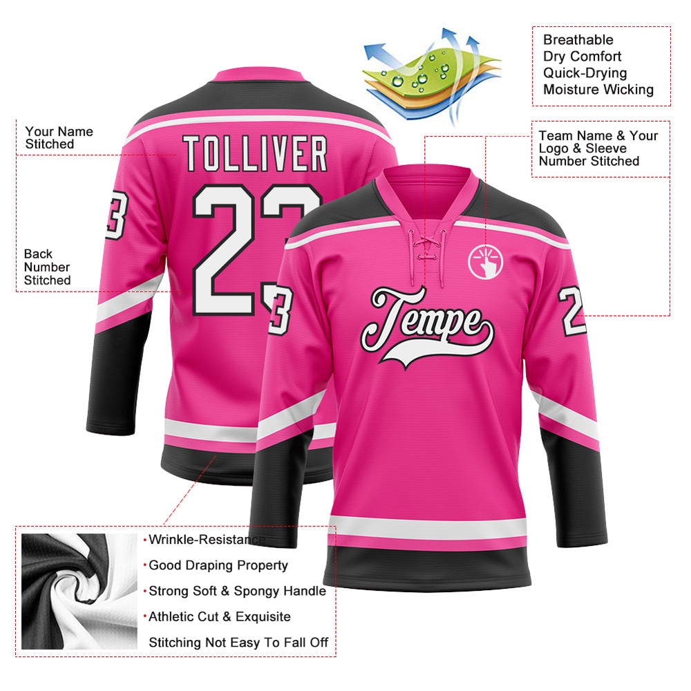 Custom Pink White Black Hockey Lace Neck Jersey, New Hockey Jersey, Personali Sport Team Jersey Shirt Custom Pink White Black Hockey Lace Neck Jersey, New Hockey Jersey, Personali Sport Team Jersey Shirt