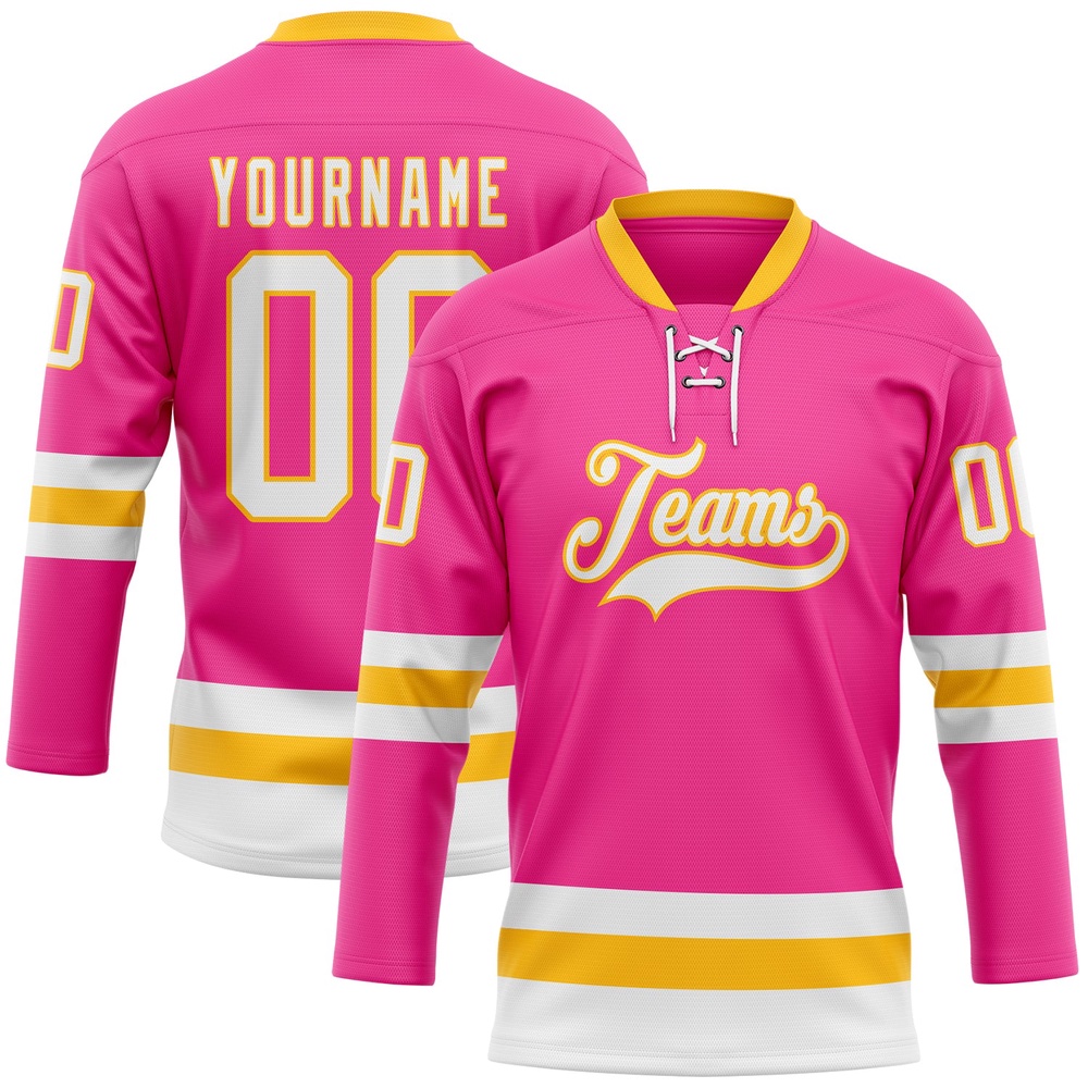 Custom Pink White Gold Hockey Lace Neck Jersey, New Hockey Jersey, Personali Sport Team Jersey Shirt