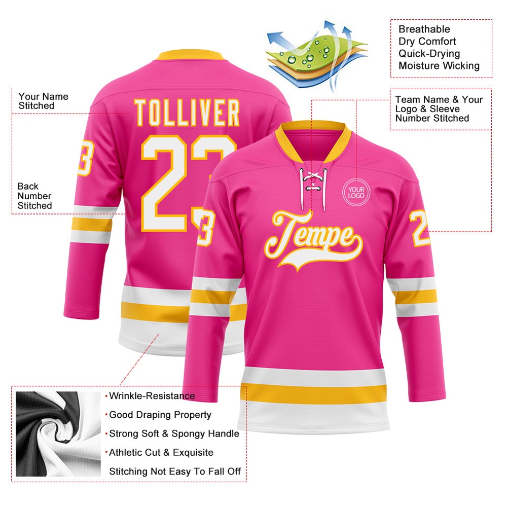 Custom Pink White Gold Hockey Lace Neck Jersey, New Hockey Jersey, Personali Sport Team Jersey Shirt