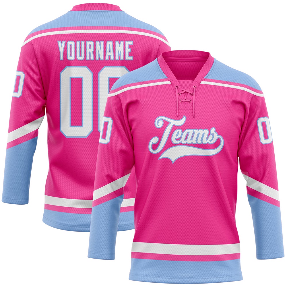 Custom Pink White Light Blue Hockey Lace Neck Jersey, New Hockey Jersey, Personali Sport Team Jersey Shirt