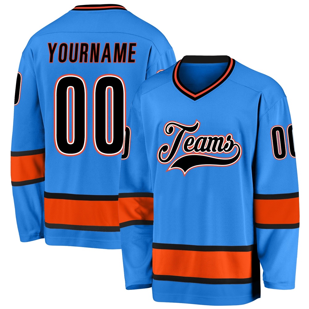 Custom Powder Blue Black Orange Hockey Jersey, New Hockey Jersey, Personali Sport Team Jersey Shirt