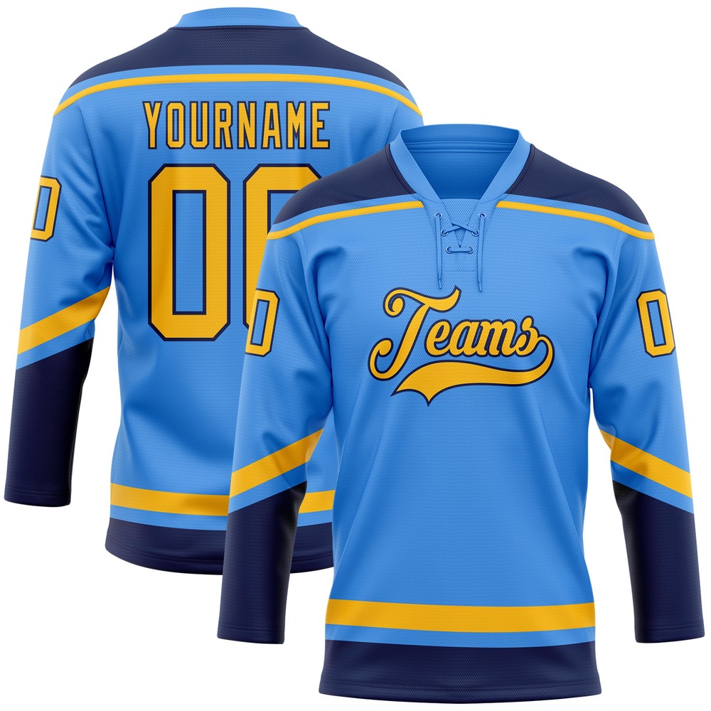 Custom Powder Blue Gold Navy Hockey Lace Neck Jersey, New Hockey Jersey, Personali Sport Team Jersey Shirt