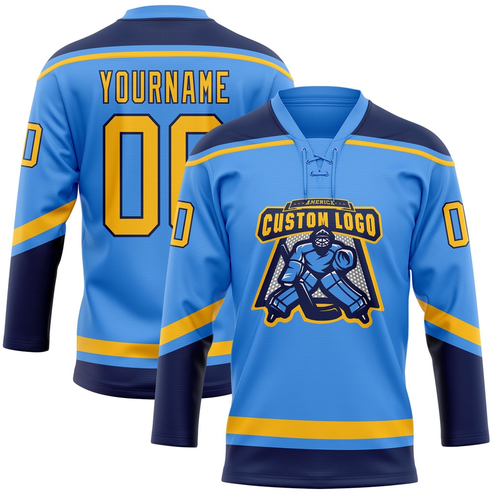 Custom Powder Blue Gold Navy Hockey Lace Neck Jersey, New Hockey Jersey, Personali Sport Team Jersey Shirt