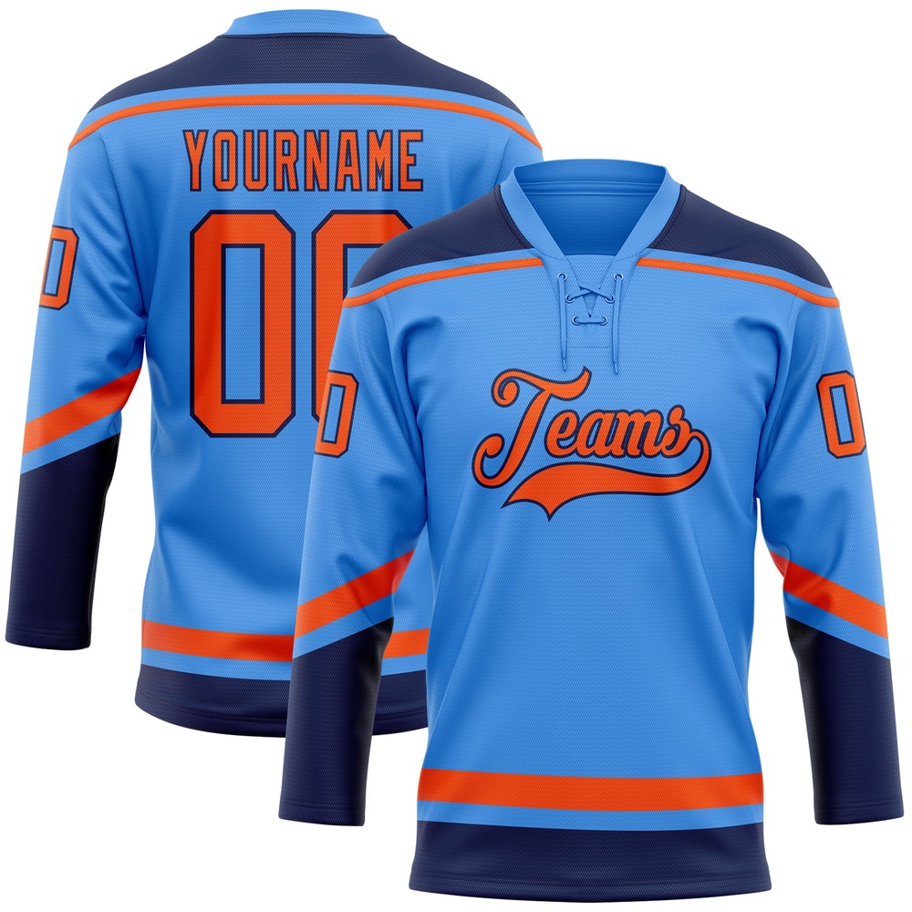 Custom Powder Blue Orange Navy Hockey Lace Neck Jersey, New Hockey Jersey, Personali Sport Team Jersey Shirt
