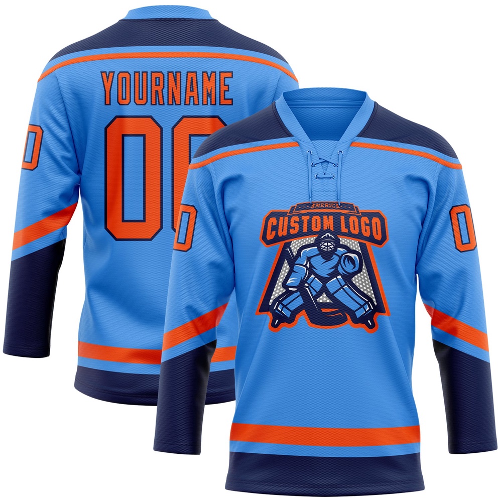 Custom Powder Blue Orange Navy Hockey Lace Neck Jersey, New Hockey Jersey, Personali Sport Team Jersey Shirt