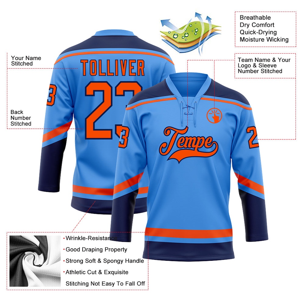 Custom Powder Blue Orange Navy Hockey Lace Neck Jersey, New Hockey Jersey, Personali Sport Team Jersey Shirt