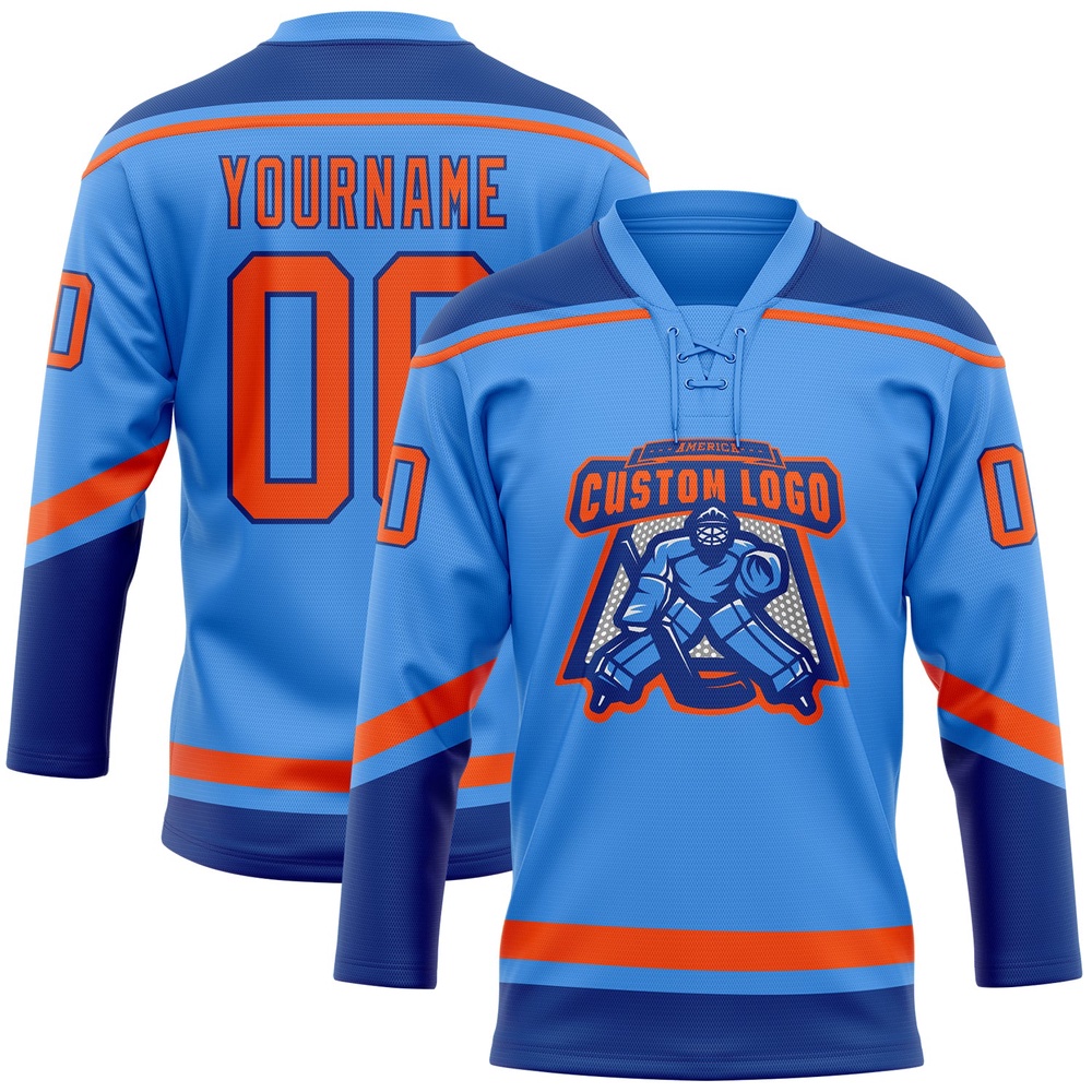 Custom Powder Blue Orange Royal Hockey Lace Neck Jersey, New Hockey Jersey, Personali Sport Team Jersey Shirt