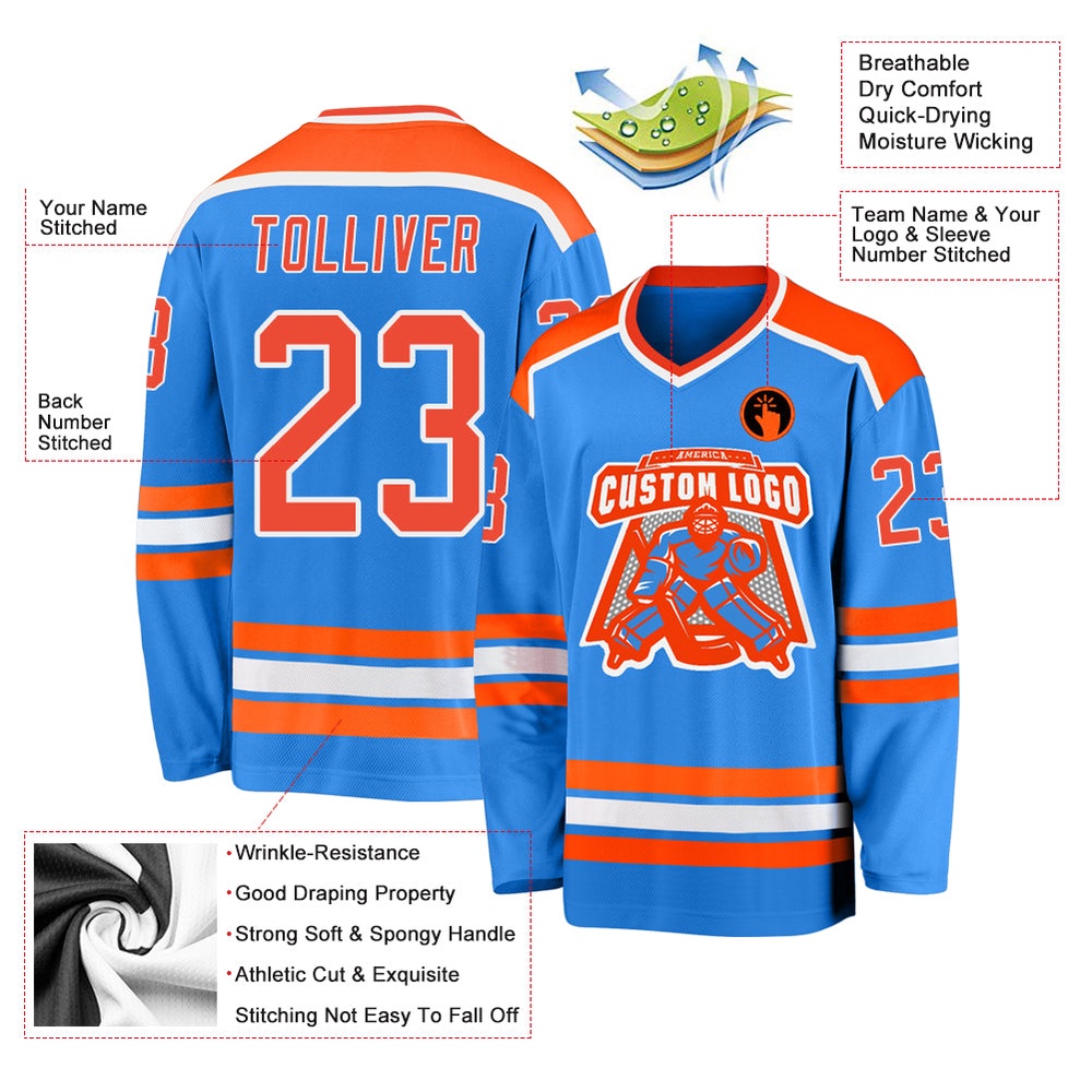 Custom Powder Blue Orange White Hockey Jersey, New Hockey Jersey, Personali Sport Team Jersey Shirt Custom Powder Blue Orange White Hockey Jersey, New Hockey Jersey, Personali Sport Team Jersey Shirt