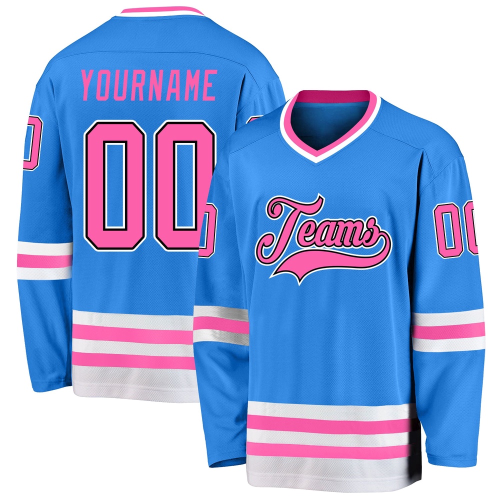 Custom Powder Blue Pink Black Hockey Jersey, New Hockey Jersey, Personali Sport Team Jersey Shirt Custom Powder Blue Pink Black Hockey Jersey, New Hockey Jersey, Personali Sport Team Jersey Shirt