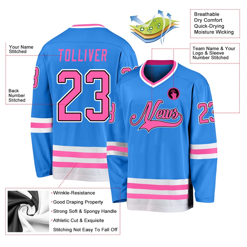 Custom Powder Blue Pink Black Hockey Jersey, New Hockey Jersey, Personali Sport Team Jersey Shirt Custom Powder Blue Pink Black Hockey Jersey, New Hockey Jersey, Personali Sport Team Jersey Shirt