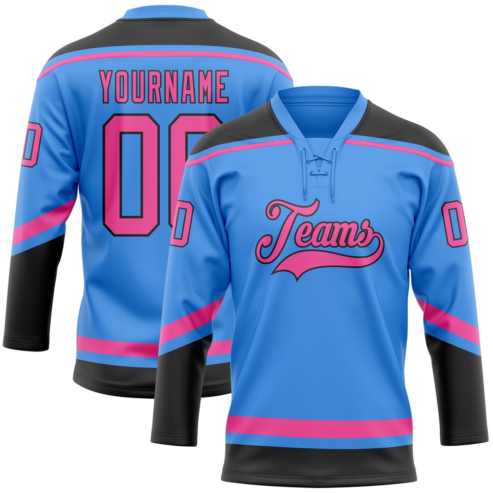 Custom Powder Blue Pink Black Hockey Lace Neck Jersey, New Hockey Jersey, Personali Sport Team Jersey Shirt
