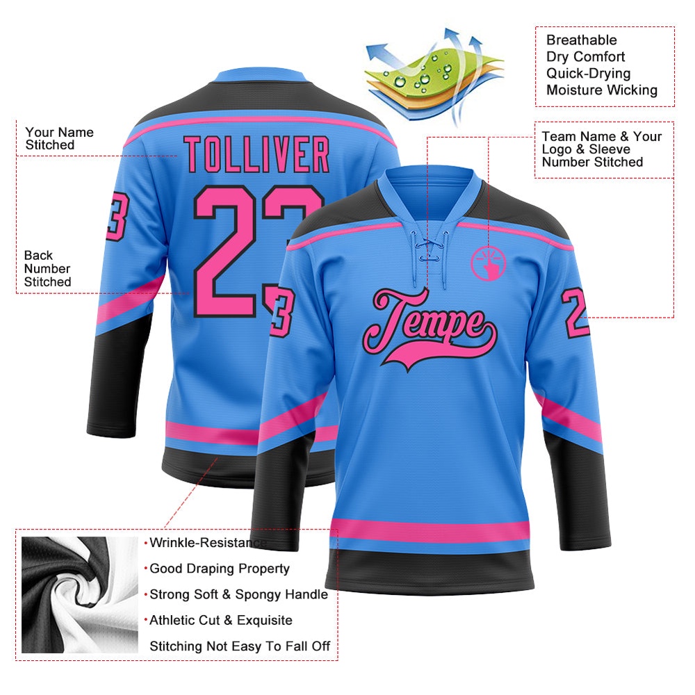 Custom Powder Blue Pink Black Hockey Lace Neck Jersey, New Hockey Jersey, Personali Sport Team Jersey Shirt