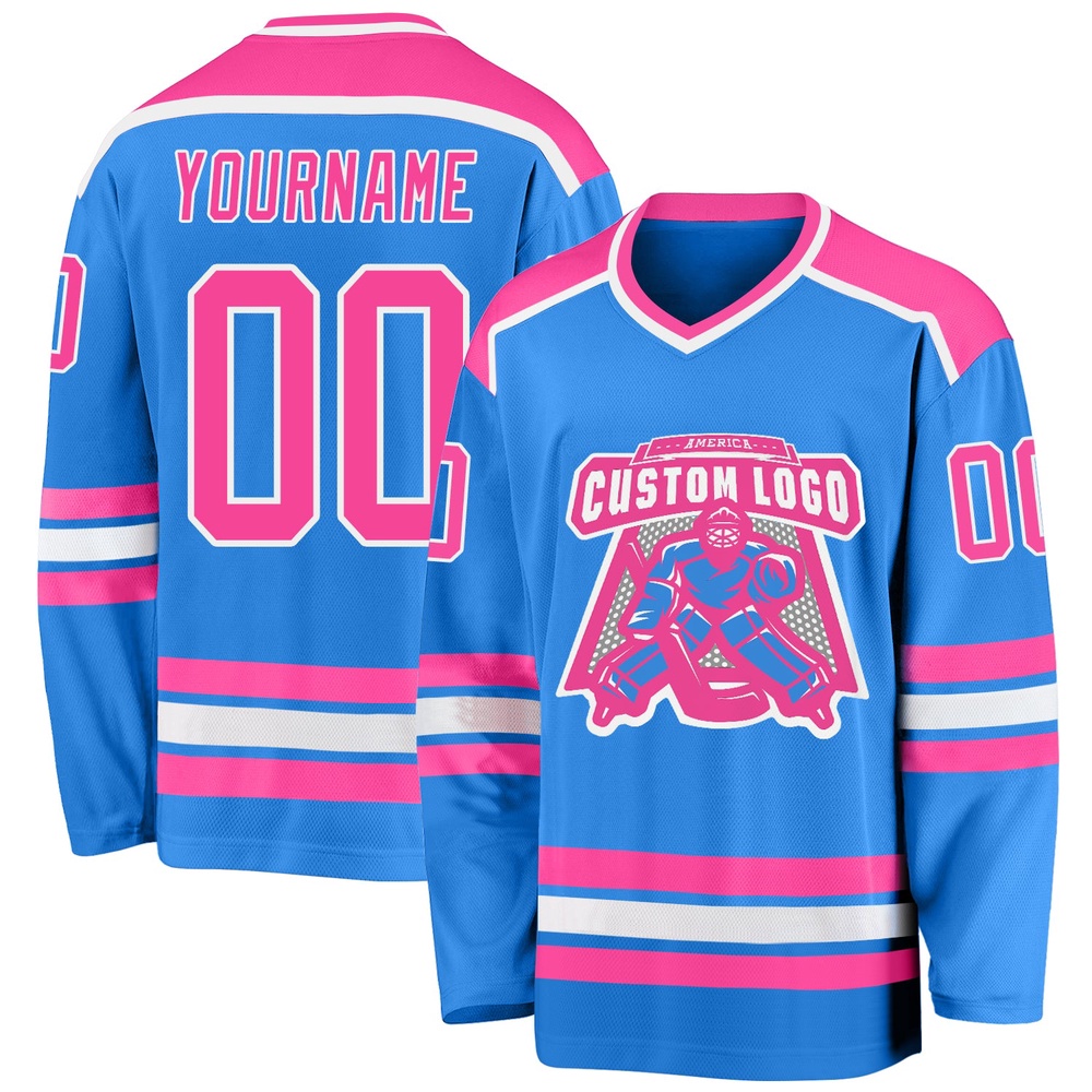 Custom Powder Blue Pink White Hockey Jersey, New Hockey Jersey, Personali Sport Team Jersey Shirt Custom Powder Blue Pink White Hockey Jersey, New Hockey Jersey, Personali Sport Team Jersey Shirt