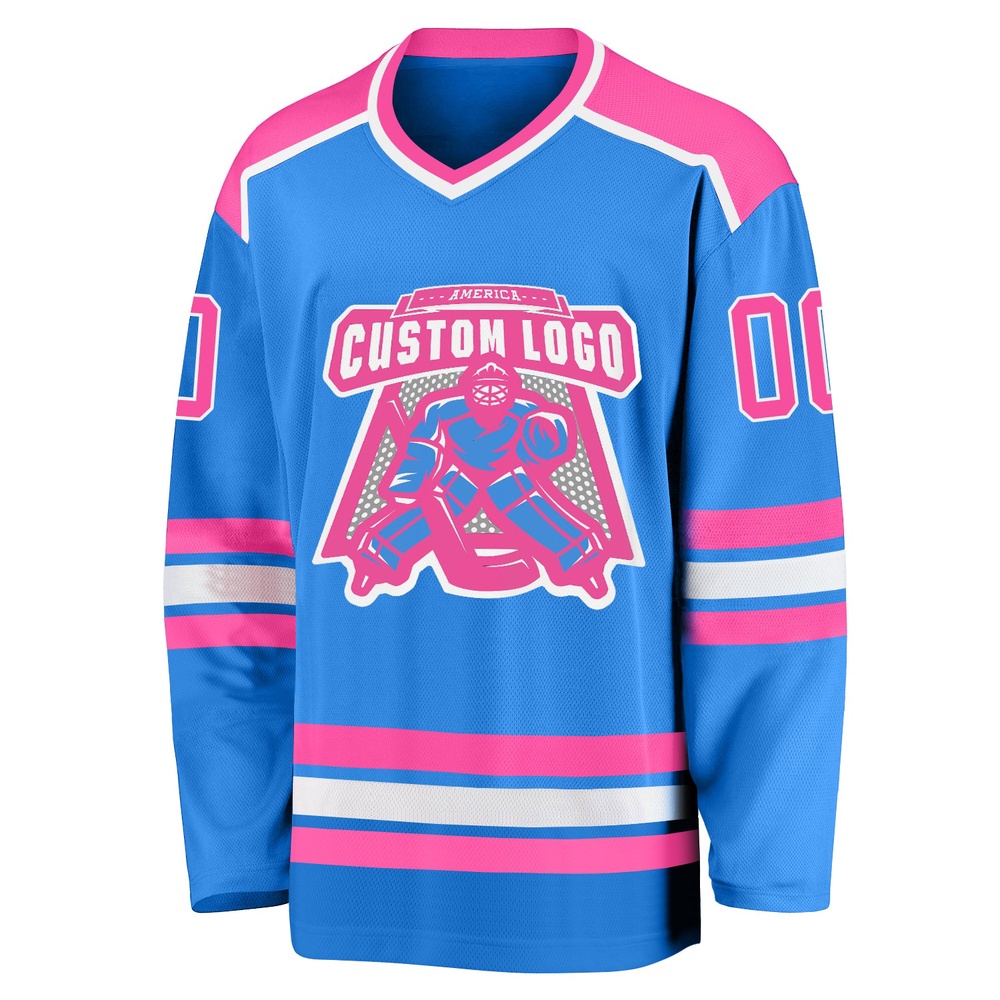 Custom Powder Blue Pink White Hockey Jersey, New Hockey Jersey, Personali Sport Team Jersey Shirt Custom Powder Blue Pink White Hockey Jersey, New Hockey Jersey, Personali Sport Team Jersey Shirt