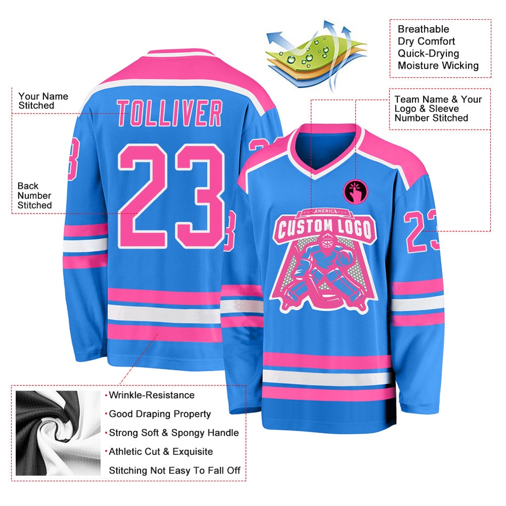 Custom Powder Blue Pink White Hockey Jersey, New Hockey Jersey, Personali Sport Team Jersey Shirt Custom Powder Blue Pink White Hockey Jersey, New Hockey Jersey, Personali Sport Team Jersey Shirt