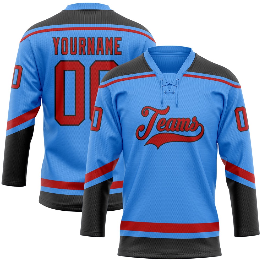 Custom Powder Blue Red Black Hockey Lace Neck Jersey, New Hockey Jersey, Personali Sport Team Jersey Shirt