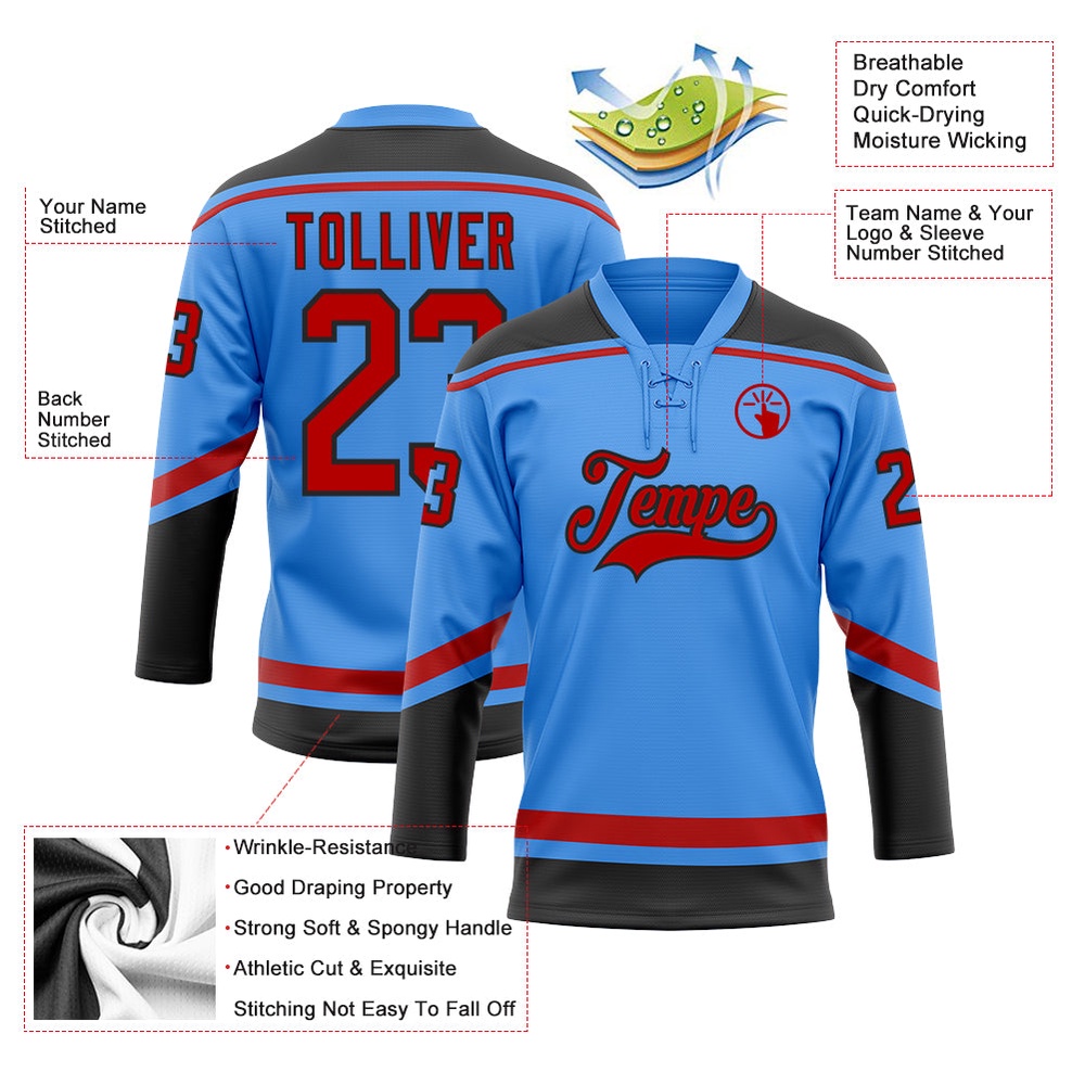 Custom Powder Blue Red Black Hockey Lace Neck Jersey, New Hockey Jersey, Personali Sport Team Jersey Shirt