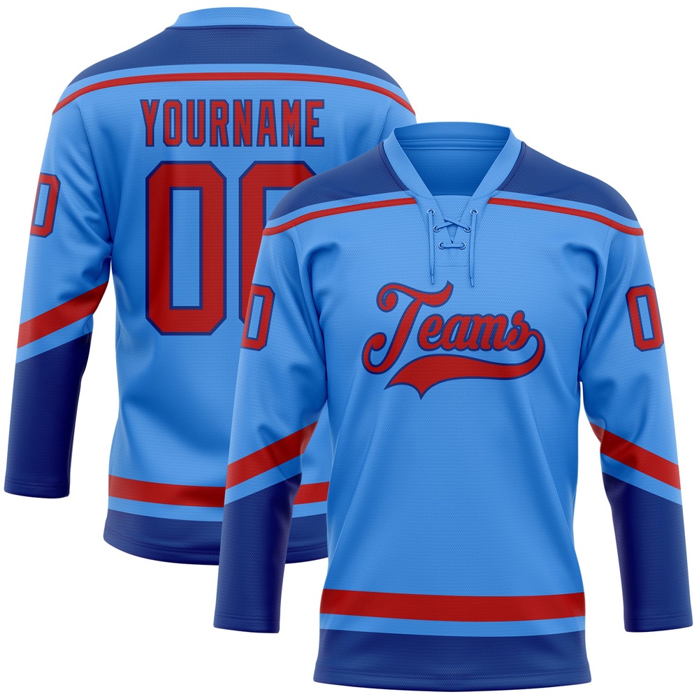Custom Powder Blue Red Royal Hockey Lace Neck Jersey, New Hockey Jersey, Personali Sport Team Jersey Shirt Custom Powder Blue Red Royal Hockey Lace Neck Jersey, New Hockey Jersey, Personali Sport Team Jersey Shirt
