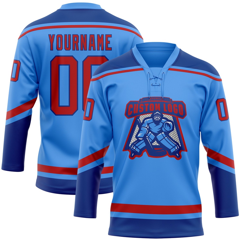 Custom Powder Blue Red Royal Hockey Lace Neck Jersey, New Hockey Jersey, Personali Sport Team Jersey Shirt Custom Powder Blue Red Royal Hockey Lace Neck Jersey, New Hockey Jersey, Personali Sport Team Jersey Shirt