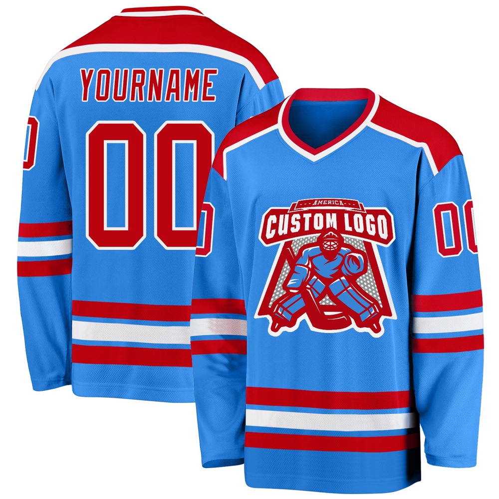 Custom Powder Blue Red White Hockey Jersey, New Hockey Jersey, Personali Sport Team Jersey Shirt Custom Powder Blue Red White Hockey Jersey, New Hockey Jersey, Personali Sport Team Jersey Shirt