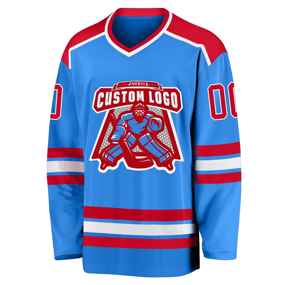 Custom Powder Blue Red White Hockey Jersey, New Hockey Jersey, Personali Sport Team Jersey Shirt Custom Powder Blue Red White Hockey Jersey, New Hockey Jersey, Personali Sport Team Jersey Shirt